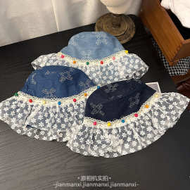 新款蕾丝摆边大檐渔夫帽女夏季薄款文艺休闲日常刺绣盆帽遮阳帽潮