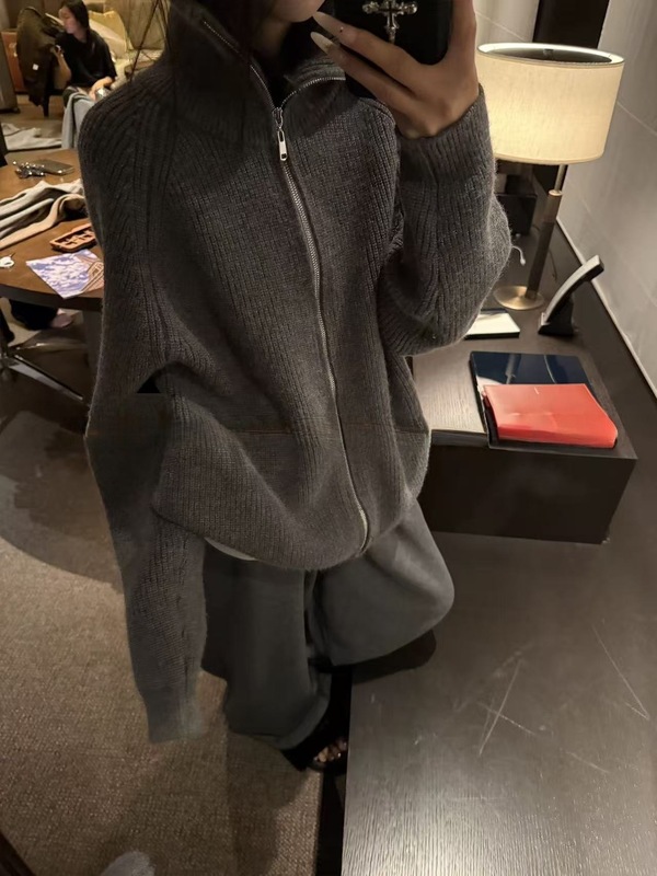 YOLO SHOP 灰色简约高领毛衣女秋季宽松百搭针织开衫外套上衣|undefined
