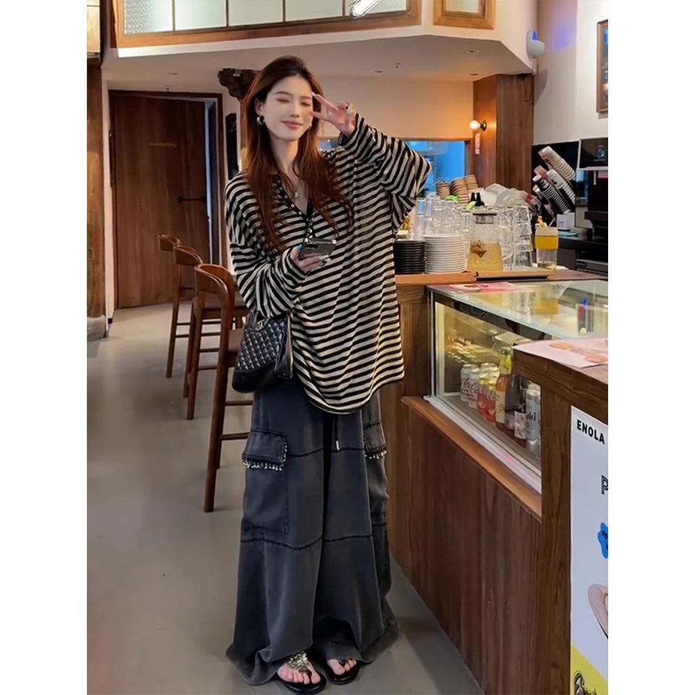 여름과 가을 여성용 오리지널 패브릭 게으르고 편안한 스트라이프 긴팔 티셔츠 블라우스, 루즈한 자외선 차단 탑, 얇은