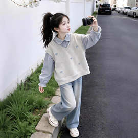 女童假两件卫衣春秋新款儿童衬衫领上衣春装小女孩洋气套头衫春秋