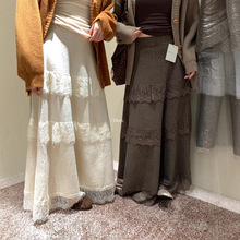 2025秋冬新款简约蕾丝拼接中长款针织休闲高腰纯色A字半身裙子女
