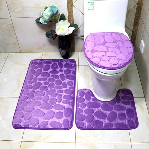 Rug bathroom toilet set household anti-slip water-absorbent mat coral velvet cobblestone print bathroom mat