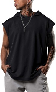 2021 Amazon New Loose Hooded Sweater Men's Sleeveless Sports Fitness European and American Fashion Pullover Stitching