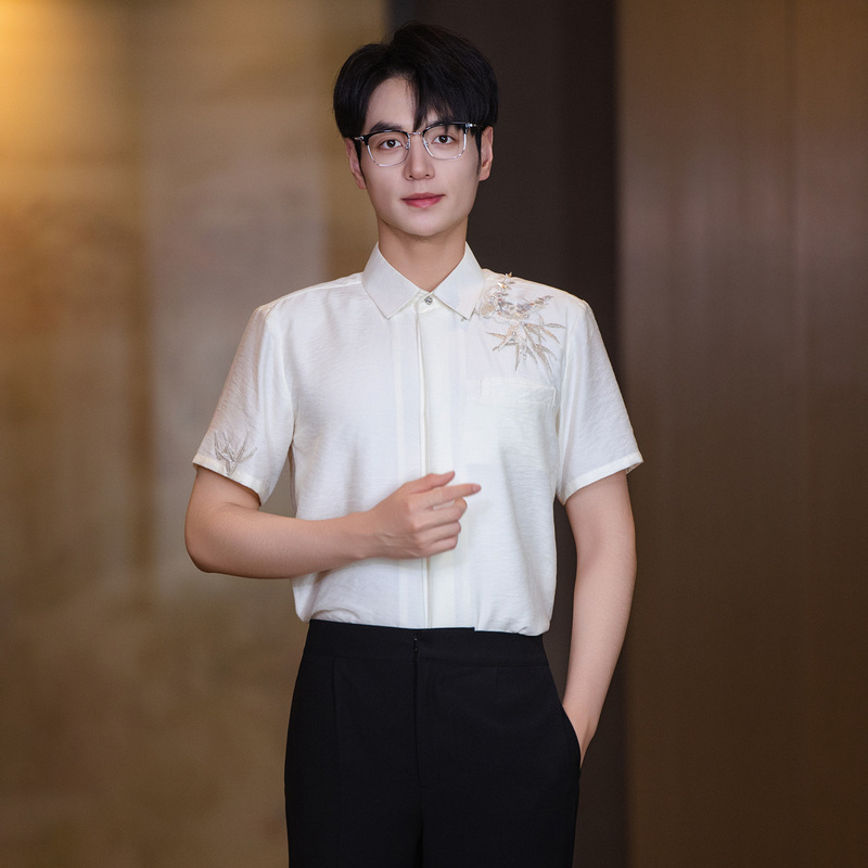 New Chinese Style Engagement Men's Shirt Dress Men's National Style Wedding Stand Collar Short-Sleeved White Casual Tunic Summer