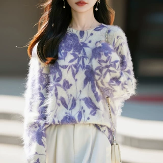 秋冬新款拉绒晕染针织羊毛衫女圆领宽松软糯毛衣女装衣服长袖上衣