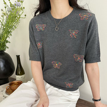 夏季圆领薄款蝴蝶结针织衫短袖女t恤夏装2025新款高级感半袖上衣