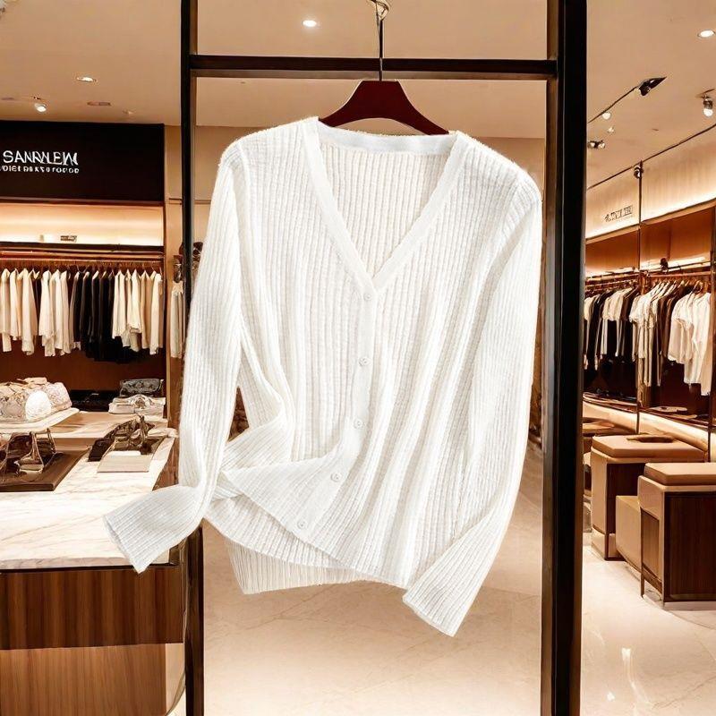 Air Conditioning Shirt with Thin Cardigan for Summer, Long-Sleeve Ice Silk Shawl, V-Neck Knitted Cover-Up, Plus-Size Top, Trendy Outerwear