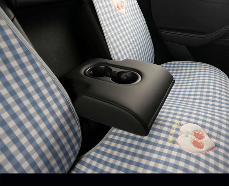 Plaid Cherry Car Cushion Four Seasons Universal Linen Single Piece Goddess Seat Cover Semi-enclosed Breathable Summer Day