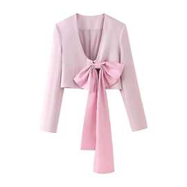 2024秋wish亚马逊eBay粉色丝缎质感蝴蝶结饰短款西装外套西服