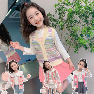 [vest vest] girls vest children's knitted sweater spring and autumn baby waistcoat girls foreign style fleece-lined wool