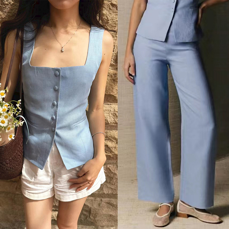 French-Style Niche 2026 Summer Old Money Style Square-Neck Sleeveless Slim-Fit Tank Top and Straight-Leg Pants Stylish Set 26504