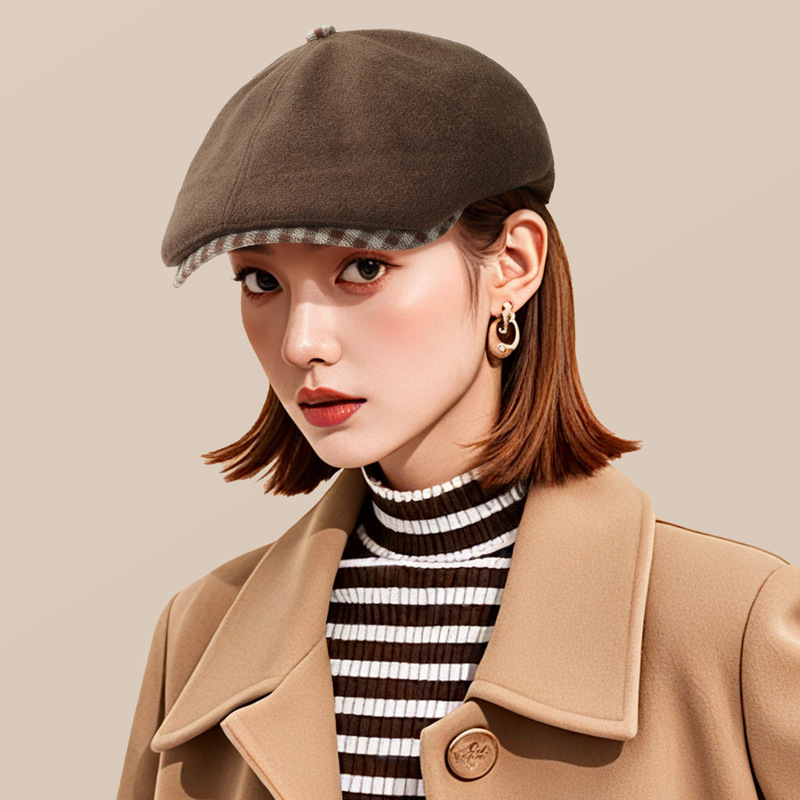 韩版新款女秋冬百搭英伦复古前进帽子日系格子沿贝雷帽报童画家帽|undefined
