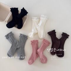 女童袜子春秋款女孩双层木耳边韩版双针公主棉袜甜美中筒袜中大童