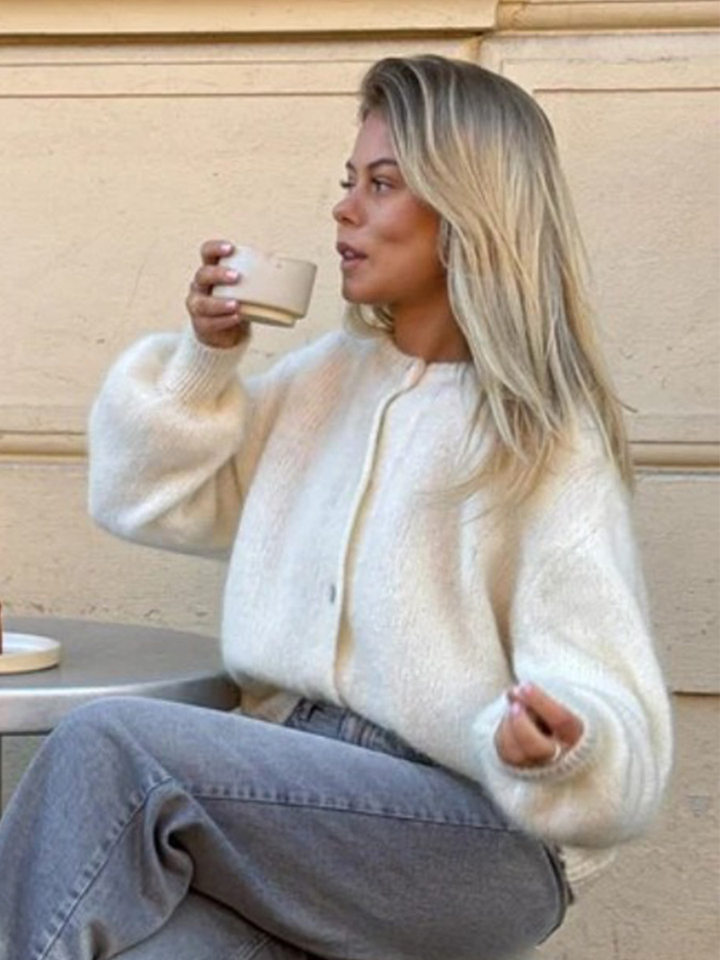 Áo cardigan len dệt kim dáng mỏng nhẹ cài nút một hàng, tay dài cổ tròn nữ — hoa hồng đỏ, màu be, màu cam, màu hoa cà chi tiết 62