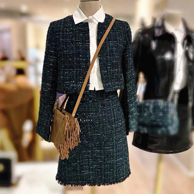 23 autumn and winter New French elegant fashion Chanel style tweed contrast color stitching shirt collar two-piece set dress