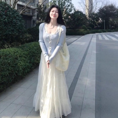 纯欲假两件时尚套装女装蝴蝶结开衫温柔高腰半身裙中长裙两件套装