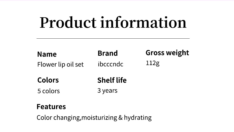 ibcccndc Flower Lip Moisturizer 5-bottle Set Transparent Dudu Lip Gloss Specification drawing