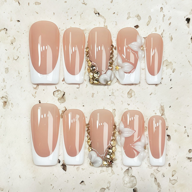 Trendy Cross-Border Ins-Style Handmade Press-On Nails European and American Square French Nail Art Flower Design Fake Nail Patches