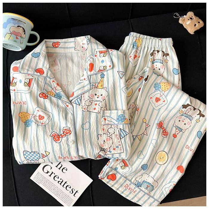 Venta al por mayor transfronteriza nuevo pijama de algodón de nube cárdigan de dibujos animados para mujer pantalones lindos de manga larga traje de servicio a domicilio de primavera y otoño
