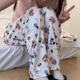 冰丝休闲裤女夏季薄款可爱卡通印花居家直筒裤高腰垂感阔腿长裤子