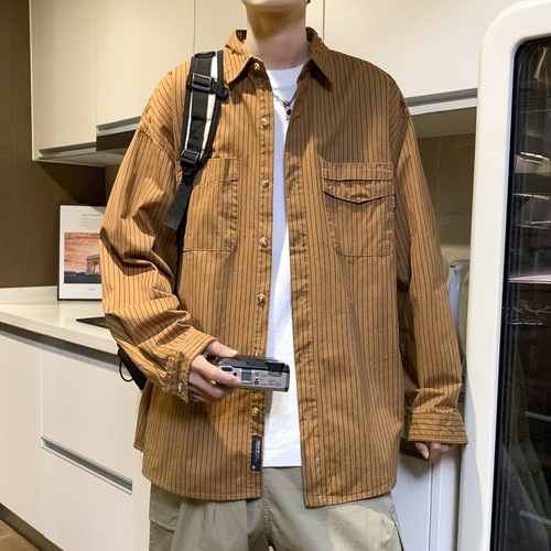 Minimalist Retro Vertical Striped Long-Sleeve Shirt for Men, Spring Versatile Open Shirt, Stylish Casual Student Loose Collar Shirt Outerwear