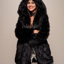 BYS秋冬新款外贸欧美冬季皮草外套中长款人造毛毛连帽兔耳朵上衣