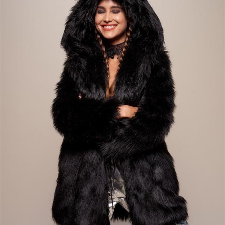 BYS秋冬新款外贸欧美冬季皮草外套中长款人造毛毛连帽兔耳朵上衣