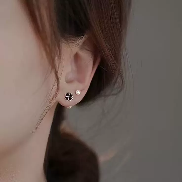 黑色四叶草螺纹耳钉滴油简约个性螺丝拧扣养耳洞耳骨钉耳蜗钉耳饰