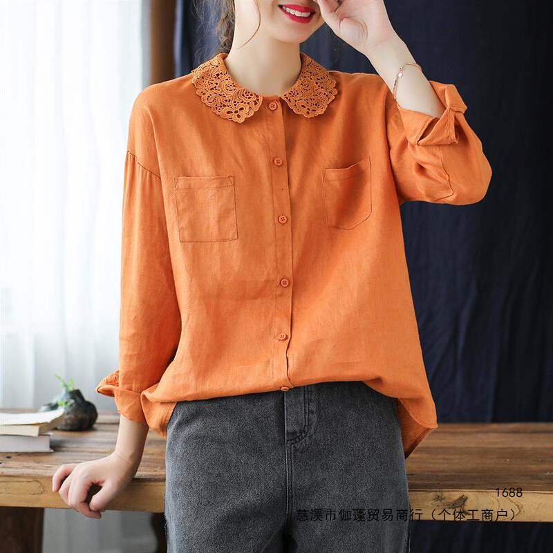 Lace Collar Shirt for Women, New Spring Style, Vintage Loose Fit, Plus Size, Casual Slimming Long Sleeve Top in Pink and Purple Lace Collar Shirt for Women, New Spring Style, Vintage Loose Fit, Plus Size, Casual Slimming Long Sleeve Top in Pink and Purple