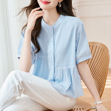 厂家直销设计感拼接白衬衫女五分袖夏装新款纯棉上衣圆领宽松衬衣