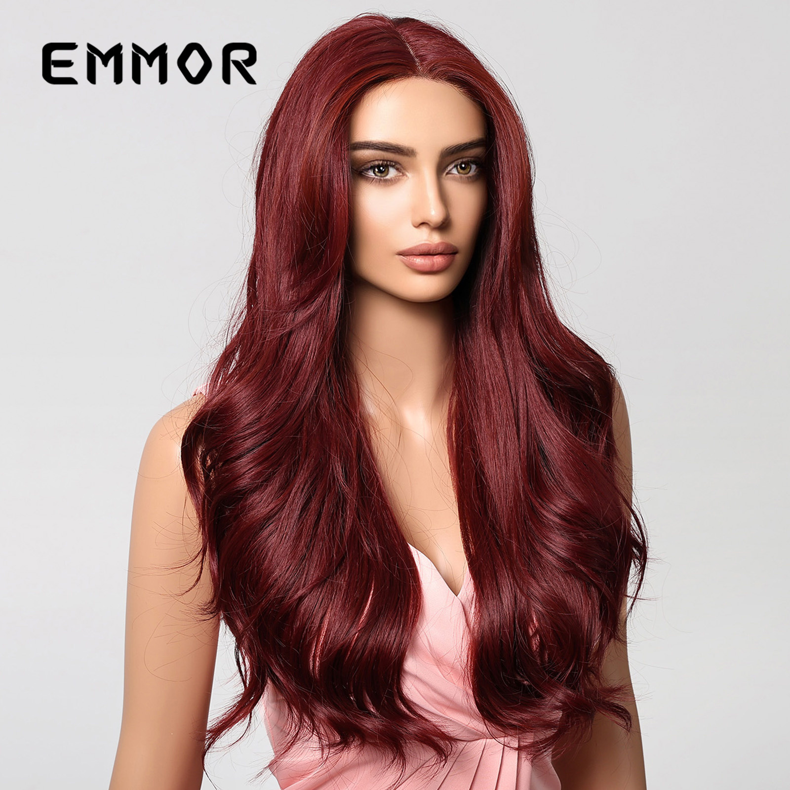 Fábrica en stock europeo y americano cabeza completa cubierta medio gradiente rojo grande onda larga Pelo Rizado pequeño T importado peluca del cordón para las mujeres