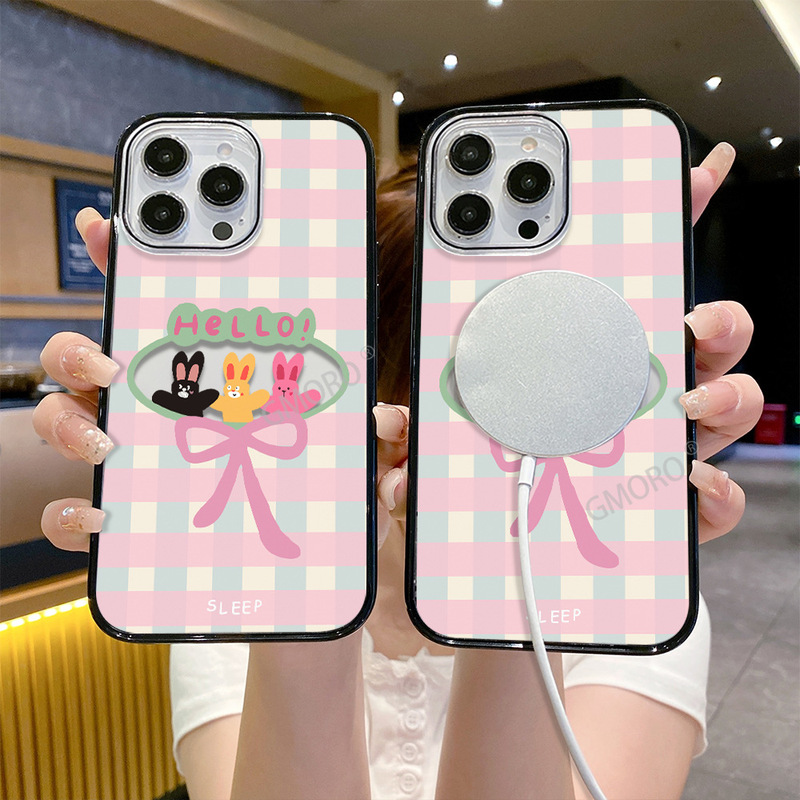 Checkered Bow Cartoon Rabbit Magsafe Magnetic Phone Case Iphone15Promax Protective Cover