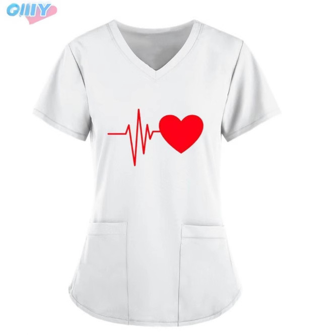Women's T-Shirt V-Neck Nurse Uniform Solid Color Pattern Digital Print Casual European and American Cross-Border Direct Sales Aliexpress