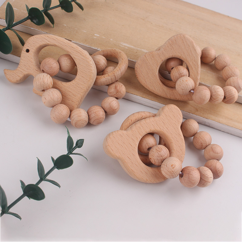 Europa y América niños pulsera de madera animal beech goma de madera perla recién nacido mordida le mordida molar pulsera