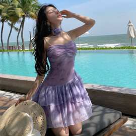 现货 轻奢小众聚会成人礼礼服紫色扎染雪纺吊带度假连衣裙图片色
