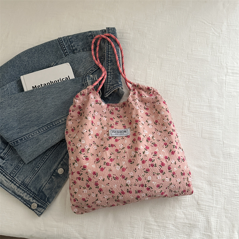 Bolsas de gran capacidad en un solo hombro para mujeres bolsas de tela de flor de verano rosa casual impresión de lona de viento bolsas de tramo oblicuas