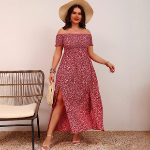 Women's plus size Casual Bohemian Print off-shoulder Collar Split dress European and American Long Floral Dress