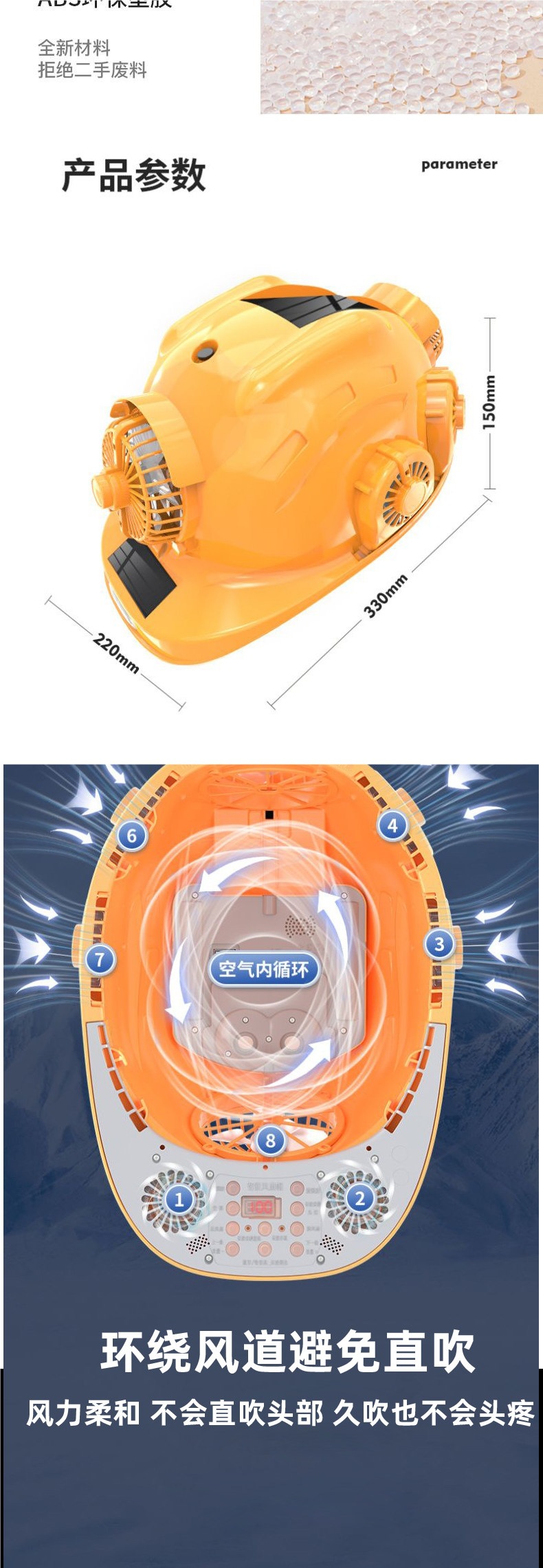 Solar-powered safety helmet with fan, built-in air conditioning and cooling, sun protection, rechargeable, cooling, for men