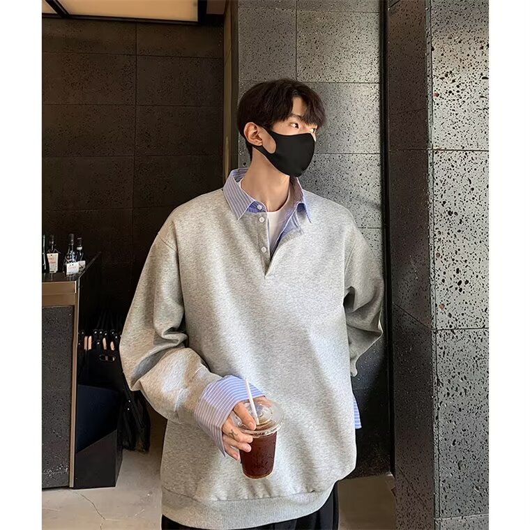 Spring and Autumn Fake Two-Piece Sweatshirt for Boys 2024 New Long-Sleeved Bottoming Shirt Cleanfit Shirt Jacket