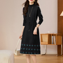 时尚抽绳收腰显瘦毛针织连衣裙女2025年秋季新款修身中长款休闲裙