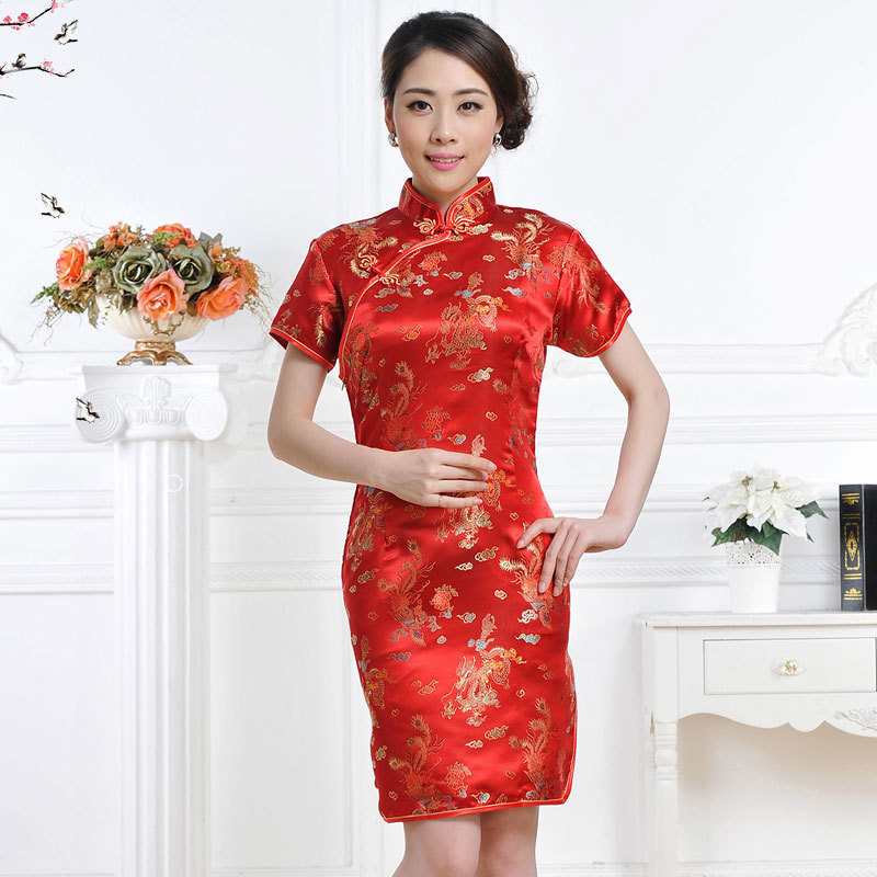 Satin Dragon and Phoenix Cheongsam Wholesale Large Size Chinese Style Foreign Trade Traditional Women's Cheongsam Red