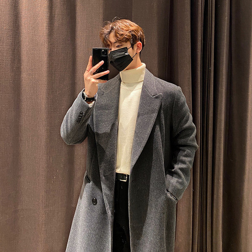 Men's winter windproof thick long coat, Korean style casual fashion cashmere outerwear