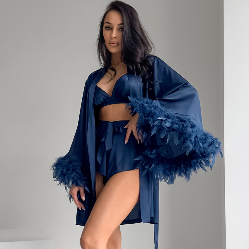 Europe and the United States New Underwear Shorts Nightgown Three-piece Set Silk Home Clothes Spring Shadin Feather Pajamas Women's Cross-border