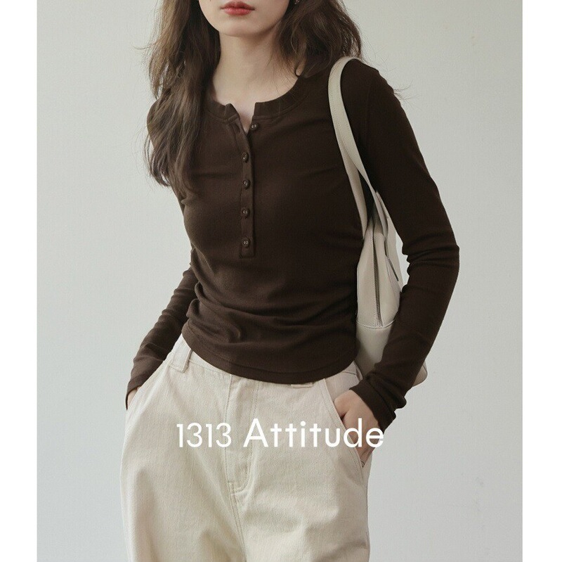 [In stock] 1313 bone feeling! Maillard style long-sleeved Brown bottoming shirt T-shirt women's slimming inner thin velvet top