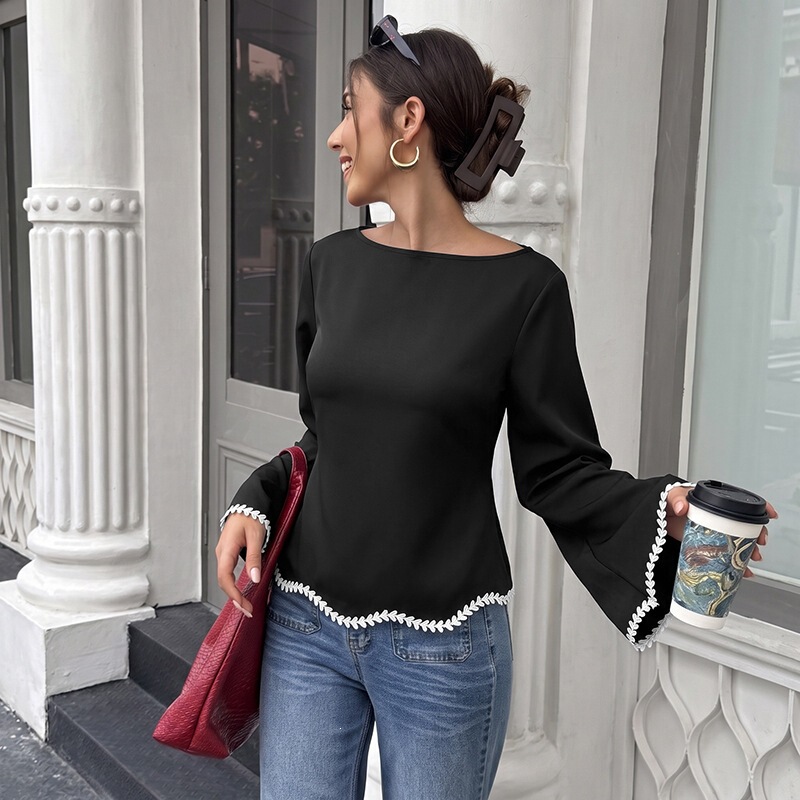 European and American cross-border Amazon 2026 autumn and winter new style women's shirt with lace-up A-line hem, lace trim, long sleeves, and boat neck European and American cross-border Amazon 2026 autumn and winter new style women's shirt with lace-up A-line hem, lace trim, long sleeves, and boat neck