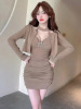 Sexy long sleeved cardigan+hanging neck revealing backpack buttocks dress two sets