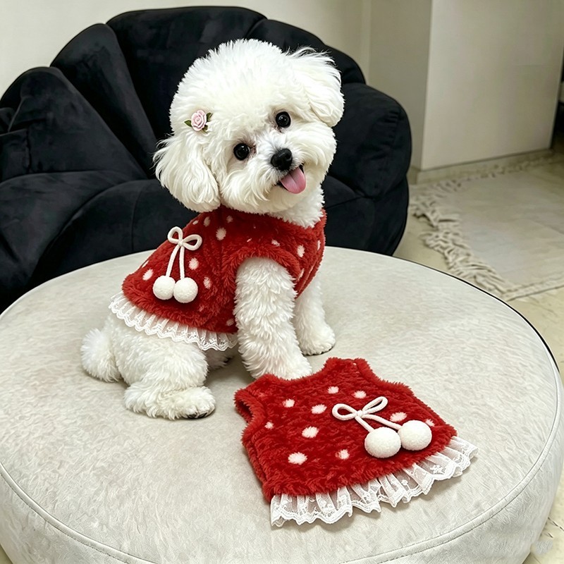 가을, 겨울 강아지 보온 기모 옷 빨간색 웨이브 레이스 기모 조끼 중소형견 테디 비숑