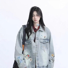 美式重磅花卉刺绣牛仔夹克女男秋季潮牌宽松水洗做旧情侣工装外套