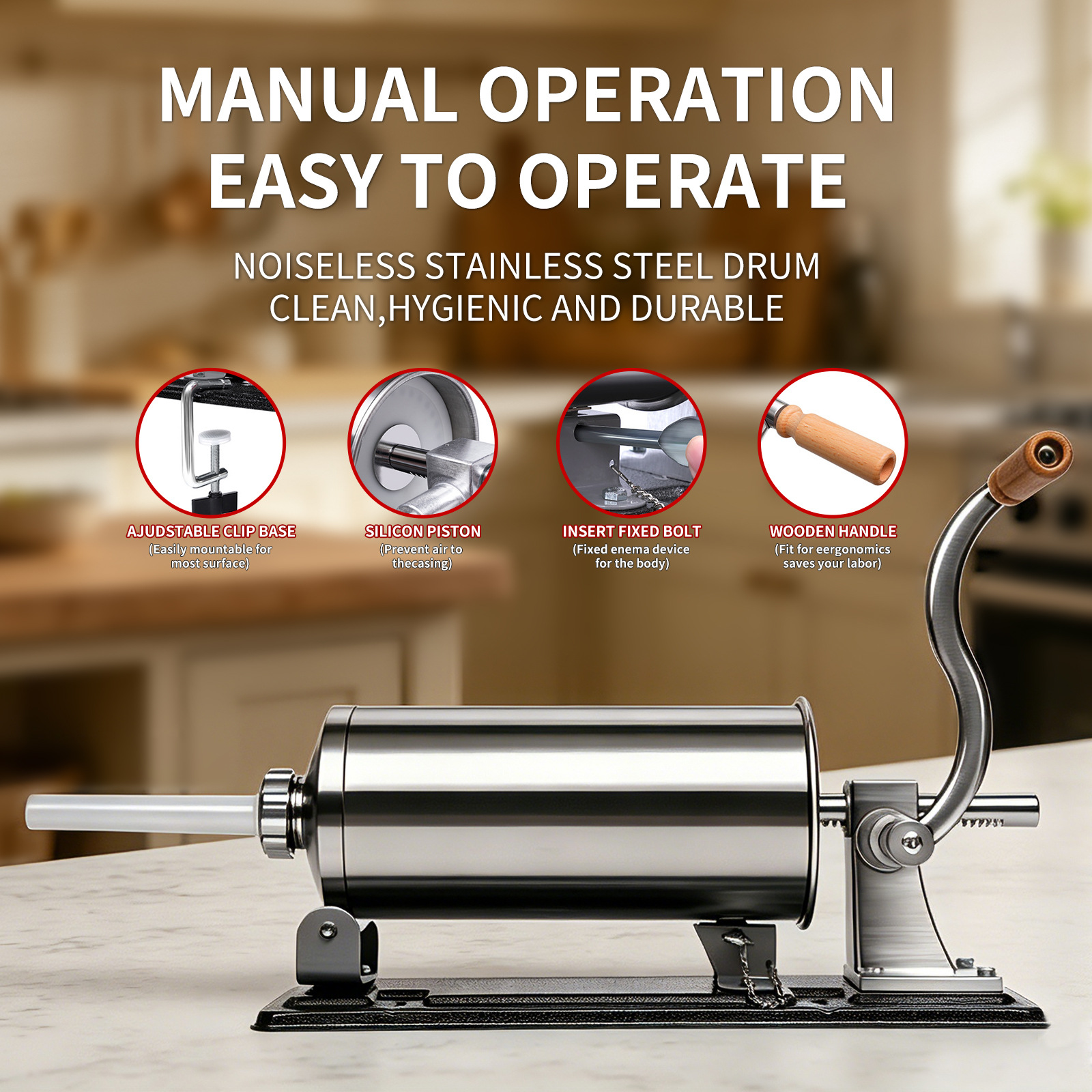 Factory Direct Sale Stainless Steel Sausage Stuffer, Manual Sausage Maker, Home-Use Large Capacity Sausage Machine