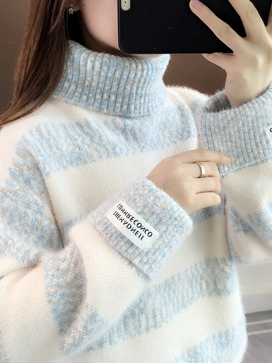 Suéter de las mujeres espesado invierno 2024 nuevo Otoño y ropa de invierno de cuello alto a rayas visón terciopelo top de punto camisa de fondo